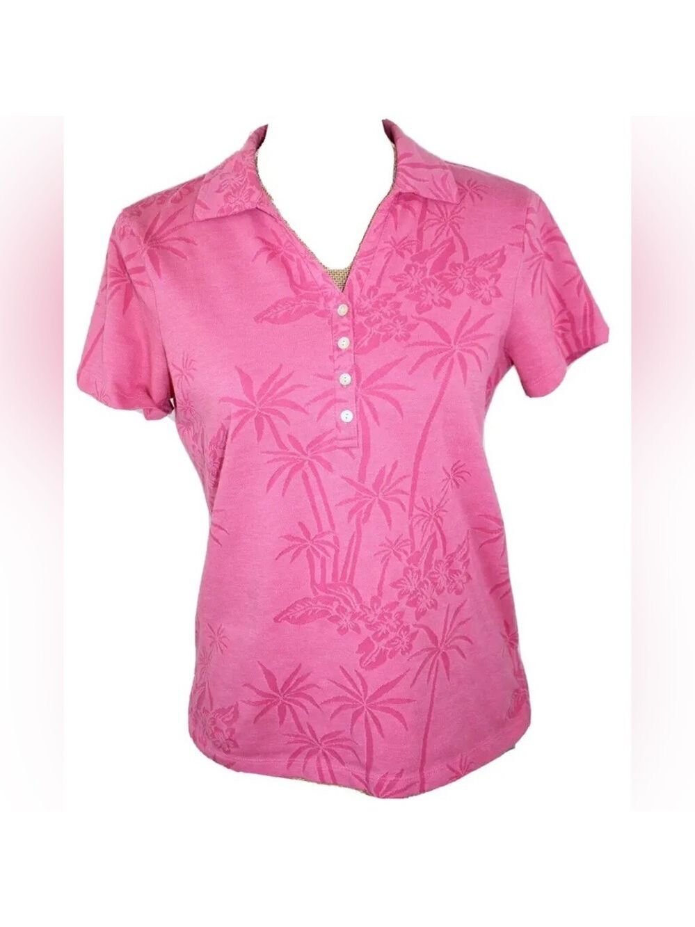 Caribbean Pink Palm-Print Polo Blouse